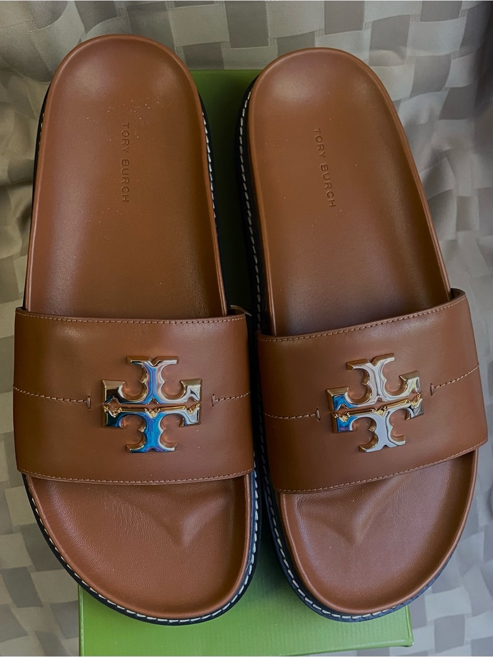 Tory Burch Brown Leather Slide Sandals with Double T Golden logo